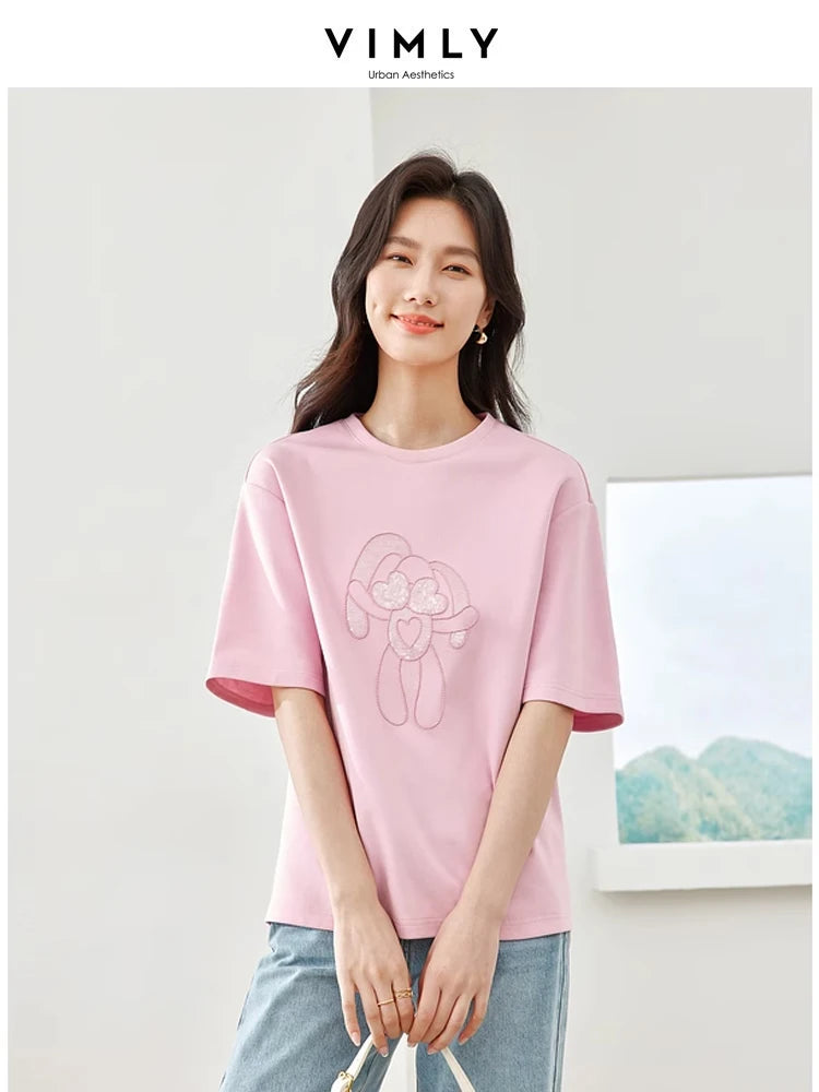 Vimly Summer Short Sleeve Women's T-shirt Simple Round Neck Straight Loose Casual Embroidery Cotton Top Basic Tees M5617 Vimly Summer Short Sleeve Women's T-shirt Simple Round Neck Straight Loose Casual Embroidery Cotton Top Basic Tees M5617